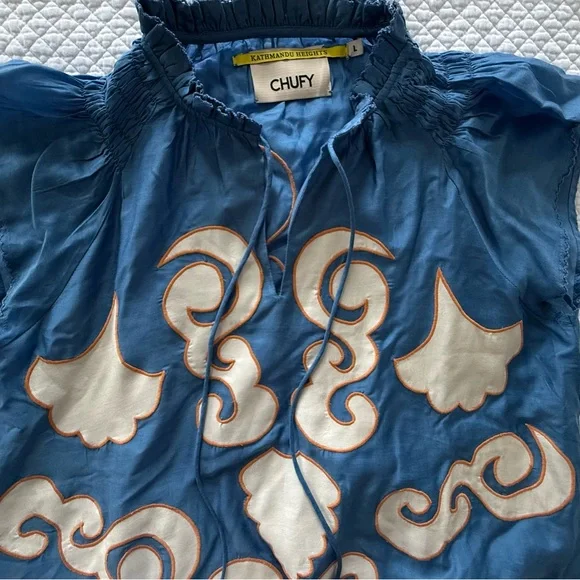 Chufy Kathmandu Heights Silk Embroidered Boho Blouse Blue Size L - Picture 5 of 10
